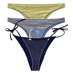 3 piece Aerie S Women Bikini Blue / Green Sparkle Metallic Cheekiest Bottoms